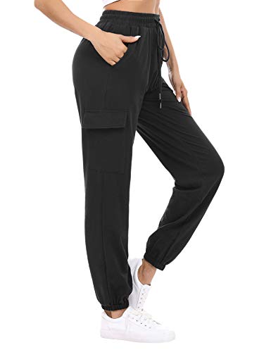 Doaraha Jogginghose Damen Lang Baumwolle High Waist Trainingshose, Freizeithose Sweathose mit 4 Taschen Bündchen und Elastischen Kordelzug Slim Fit Sweatpants Schwarz von Doaraha