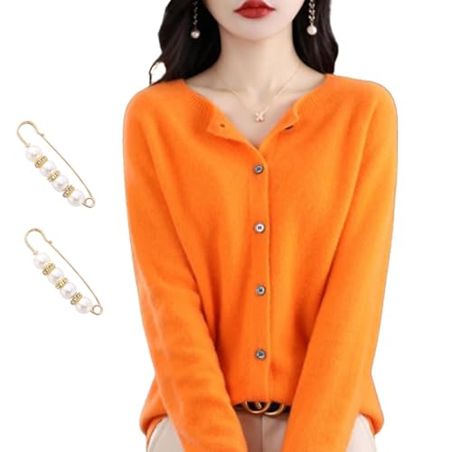 2024 Cashmere Button Front Long Sleeve Cardigan Soft Warm Knit Elastic Jumpers, Cashmere Cardigan Sweaters for Women (XL,Orange) von Docxide