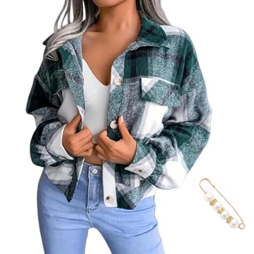 Aluxora Cropped Flannel Jacket, Cropped Plaid Flannel Jacket, aluxora Plaid Crop Jacket, Fashion Plaid Button Down Shirt (L,Green) von Docxide