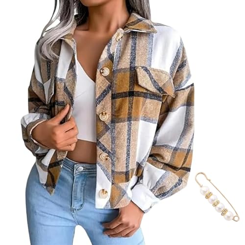 Aluxora Cropped Flannel Jacket, Cropped Plaid Flannel Jacket, aluxora Plaid Crop Jacket, Fashion Plaid Button Down Shirt (M,Yellow) von Docxide