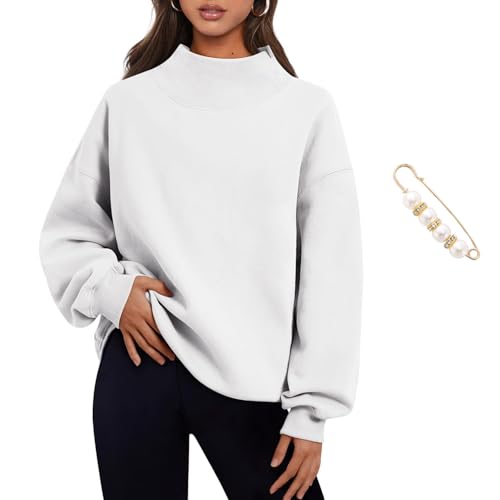 Women's Oversized Mock Neck Sweatshirt, Women's Slit Mock Neck Oversized Sweatshirt, Fall Fashion Preppy Outfits (S,White) von Docxide