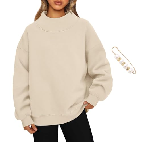 Women's Oversized Mock Neck Sweatshirt, Women's Slit Mock Neck Oversized Sweatshirt, Fall Fashion Preppy Outfits (XL,Beige) von Docxide