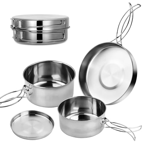 Dokeno 4 Teilige Camping Geschirr Set,Camping Kochgeschirr Set,Edelstahl Outdoor Kochgeschirr,Faltbare Campinggeschirr Pot Plate,Camping Topf für Camping Outdoor Kochen Wandern Reisen für 1-2 Personen von Dokeno