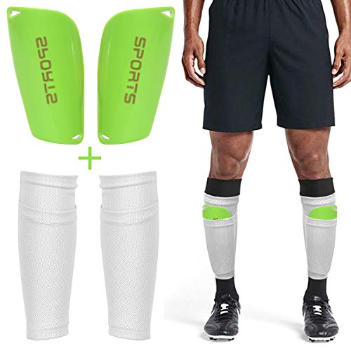 Dokpav Soccer Shin Guard Leggings Socken+Leggings Kunststoff Tasche Fußball Ausrüstung Komfort- Erwachsene Teenager Kinder- Fußball-Wettbewerb Anfänger Leistungssportler(Jugend：Weiß + grün) von Dokpav