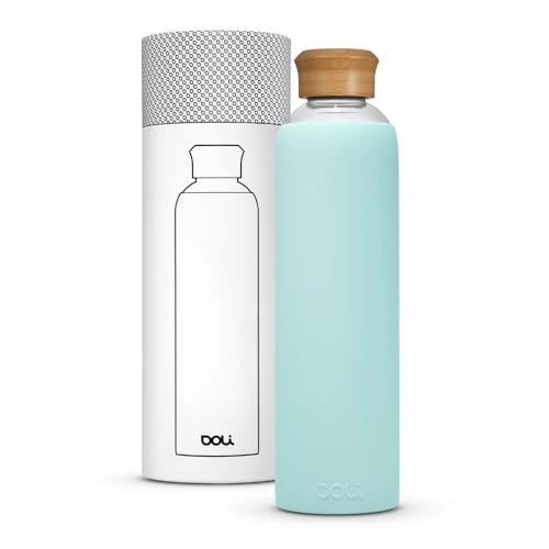 Doli Trinkflasche 1L Glas mit Silikonhülle Mint - Ideal für Heißes & Kohlensäurehaltige Getränke - Absolut dicht - Spülmaschinenfest - BPA-frei von Doli