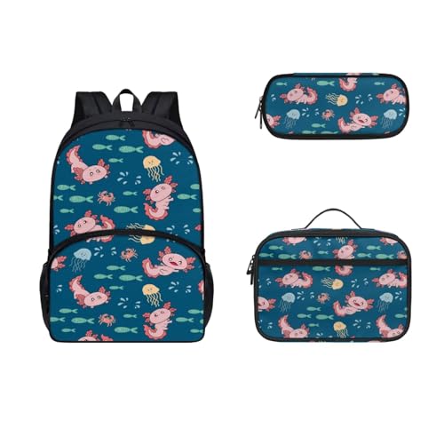 Dolyues 3-teiliges Rucksack-Set für Kinder, Schul-Büchertasche mit Lunchbox, niedliches Stifteetui, 43,2 cm, College-Tasche, Axolotl von Dolyues