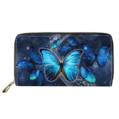 Dolyues 3D Blue Butterfly Galaxy Pattern Damen Lange Reißverschluss Geldbörsen mit Mehreren Kartenfächern, Damen Geldbörsen Münzfach Kartenhalter von Dolyues