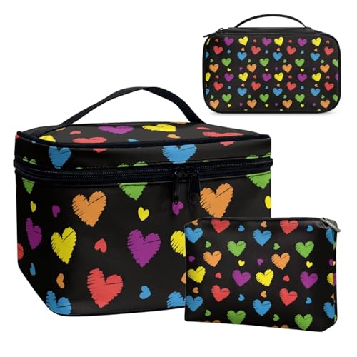 Dolyues Bunte Liebe Kosmetiktasche Klein Damen Portable Reise Kosmetikkoffer Make Up Tasche Professionelle Schminkkoffer Organizer Schminktasche Beauty Case PU-Leder von Dolyues