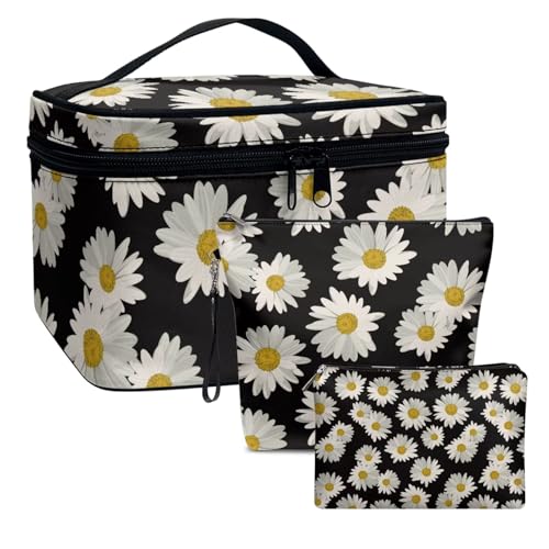 Dolyues Daisy Schwarz Makeup Bag Portable Travel Cosmetic Bag Zipper Makeup Organiser Storage Bags Black Cosmetic Pouch for Women Vacation Holiday and Shopping von Dolyues