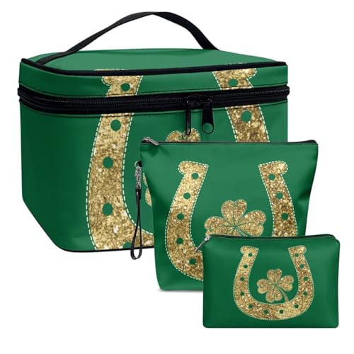 Dolyues Gold Lucky Clover Kosmetiktasche, Schminktasche, Makeup Bag mit Großer Weit Offener Tasche, Reise Kosmetiktasche für Toilettenartikel Zubehör(grün) St. Pat's Carnival von Dolyues