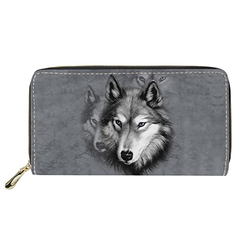 Dolyues Grauer 3D-Wolf-Druck Damen Reißverschluss Pu-Leder Lange Geldbörse mit Kreditkartenhalter Damen Geldbörse Clutch Geldtaschen von Dolyues