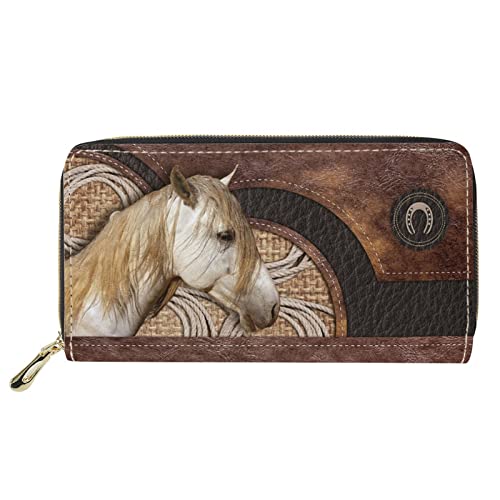 Dolyues Lange Damen-Portemonnaie aus PU-Leder mit mehreren Schlitzen, mit Reißverschluss, Kreditkartenhalter, Münzgeldbeutel für Damen, 3D-Tier-Pferdedruck, Klassisch von Dolyues