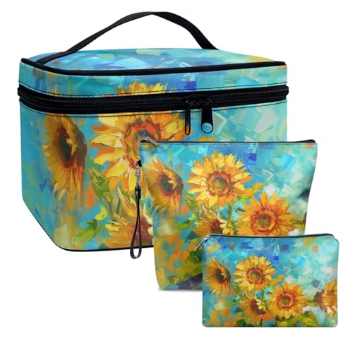 Dolyues Ölgemälde von Sonnenblumen Make up Bag Large Travel Cosmetic Bags Multifunction Case Toiletry Bags with Handle Leather Makeup Portable Toiletries Pouch Set 3 in 1 von Dolyues