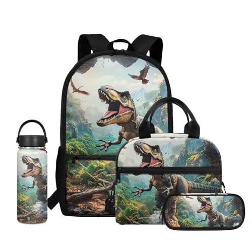 Dolyues Rucksack für Jungen 4-6 6-8 8-10 10-12 12-14 mit Lunchbox Federmäppchen und isolierter Wasserflasche für Schule, Dinosaurier, Water Bottle-18oz von Dolyues