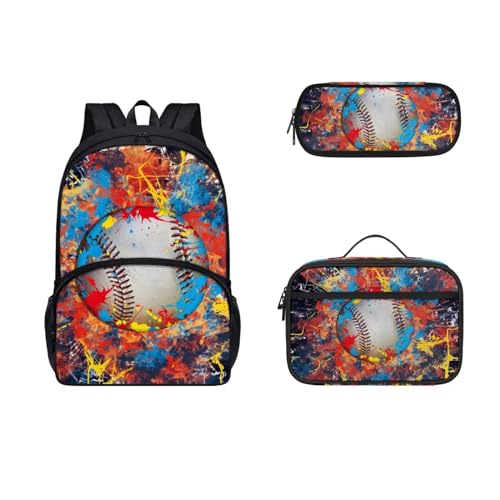 Dolyues Rucksäcke für Kinder mit Lunchbox, Federmäppchen, Kinder, leicht, Schultasche, Federmäppchen, Lunchtasche, 3-in-1, baseball von Dolyues