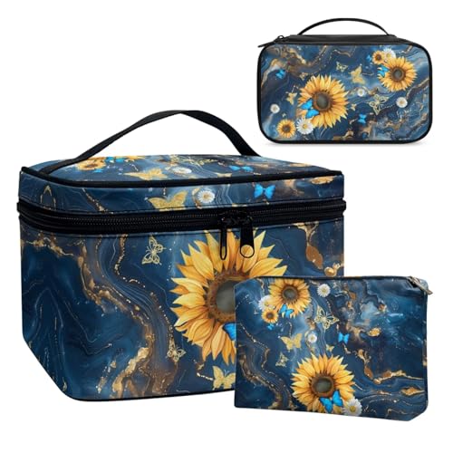 Dolyues Sunflower Marble Kosmetiktasche, Kosmetikbeutel Quick Make-Up Beutel Schmink-Tasche Kulturtasche mit Leder Wasserdicht mit großer Kapazität 3pcs von Dolyues