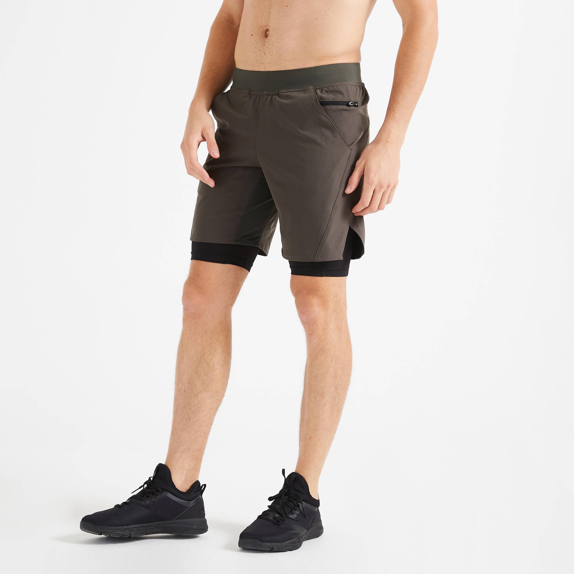 2-in-1-Shorts Herren RV-Tasche - 500 khaki von Domyos