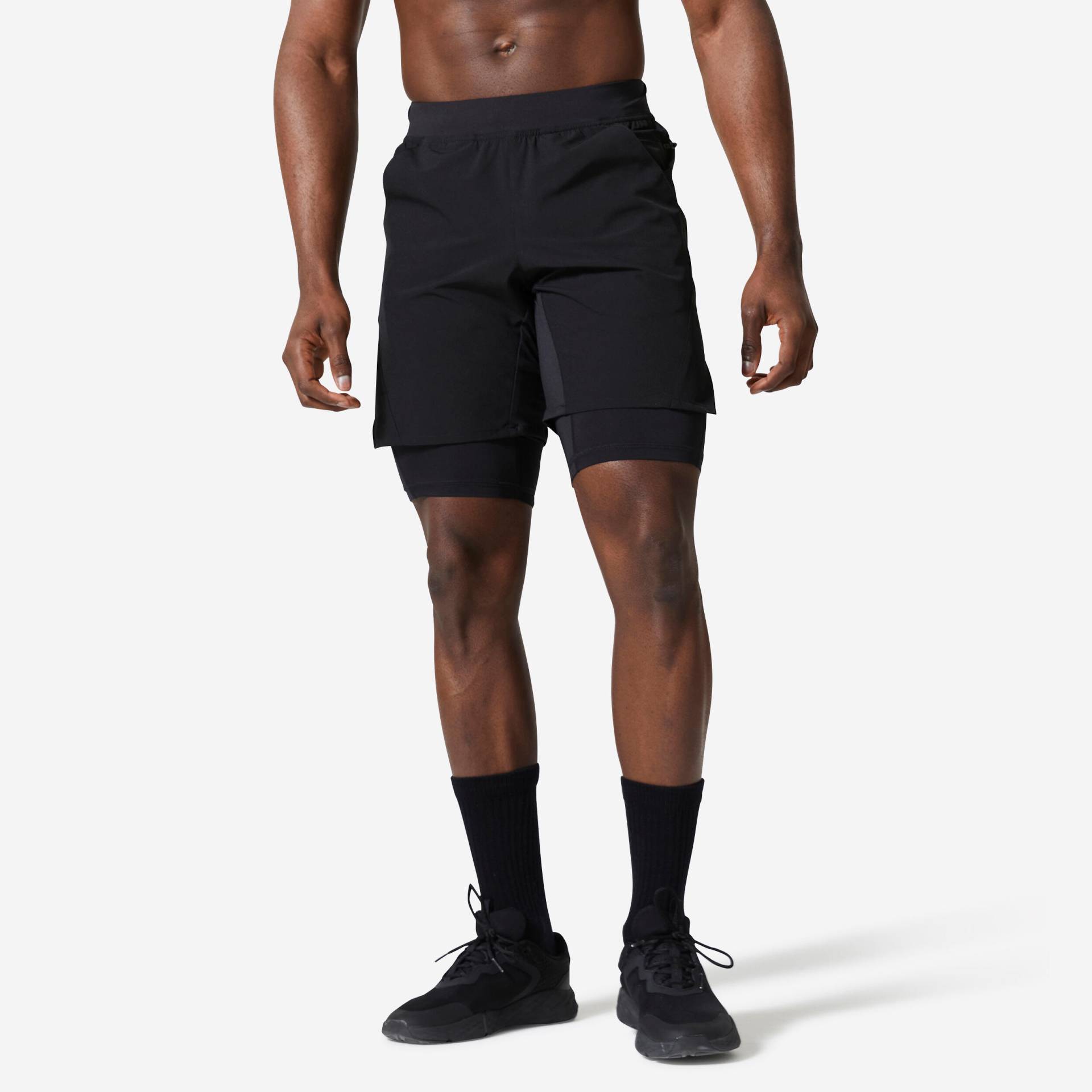2-in-1 Shorts Herren Reissverschlusstaschen - Essential schwarz von Domyos