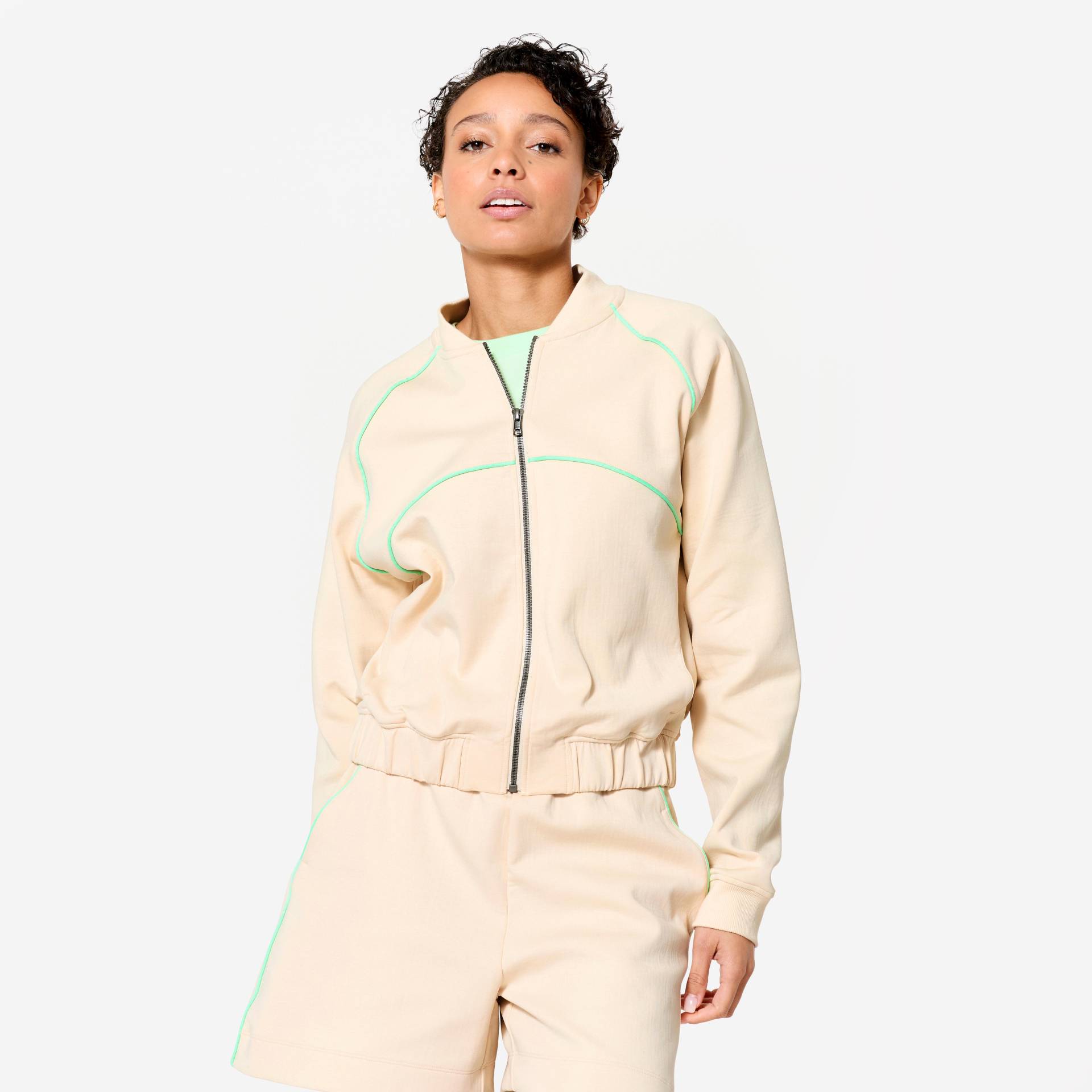 Bomberjacke mit Reißverschluss Damen beige mit grün Bomberjacke mit Reißverschluss Damen beige mit grün von Domyos