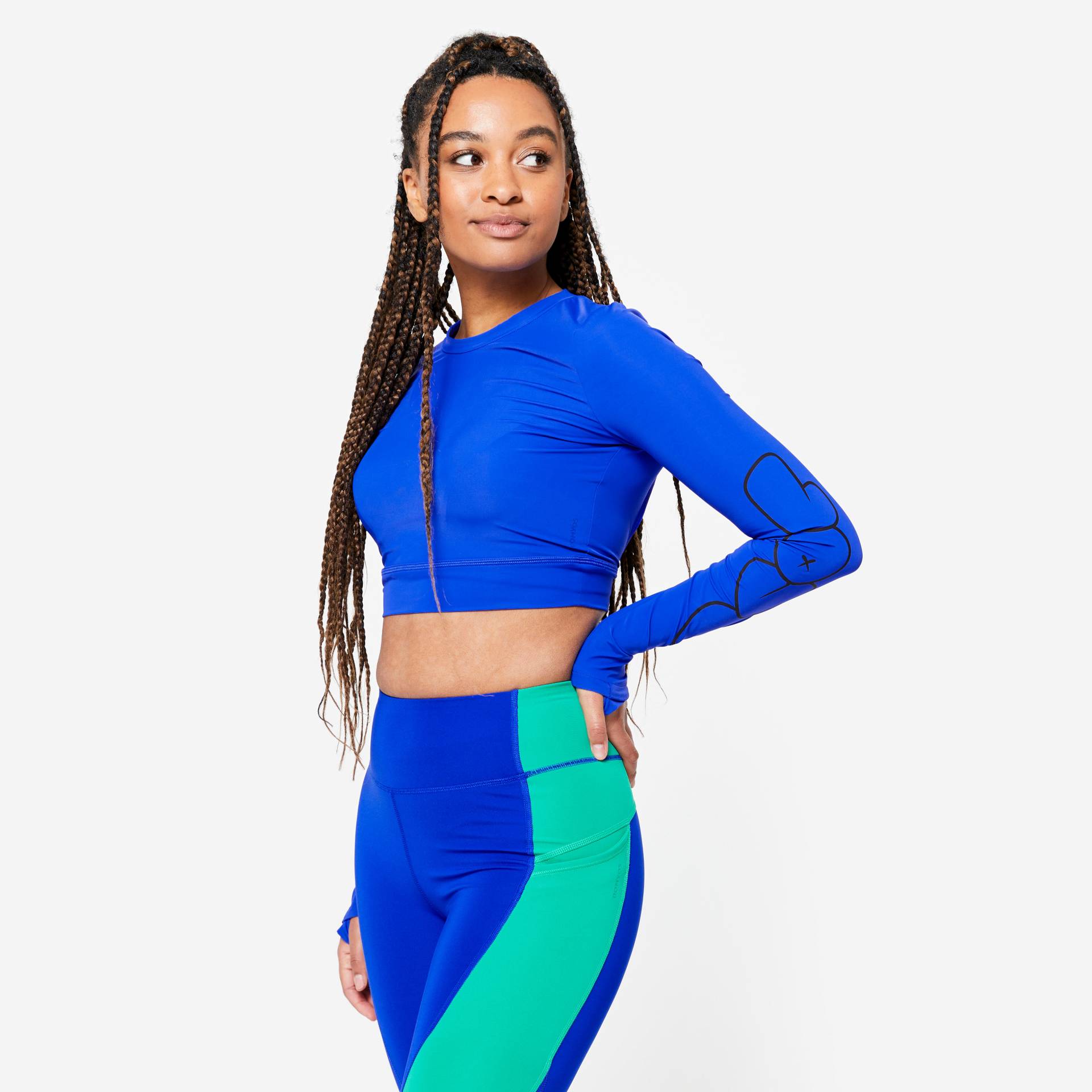 Crop Top Damen mit langen Ärmeln - blau bedruckt Crop Top Damen mit langen Ärmeln - blau bedruckt von Domyos