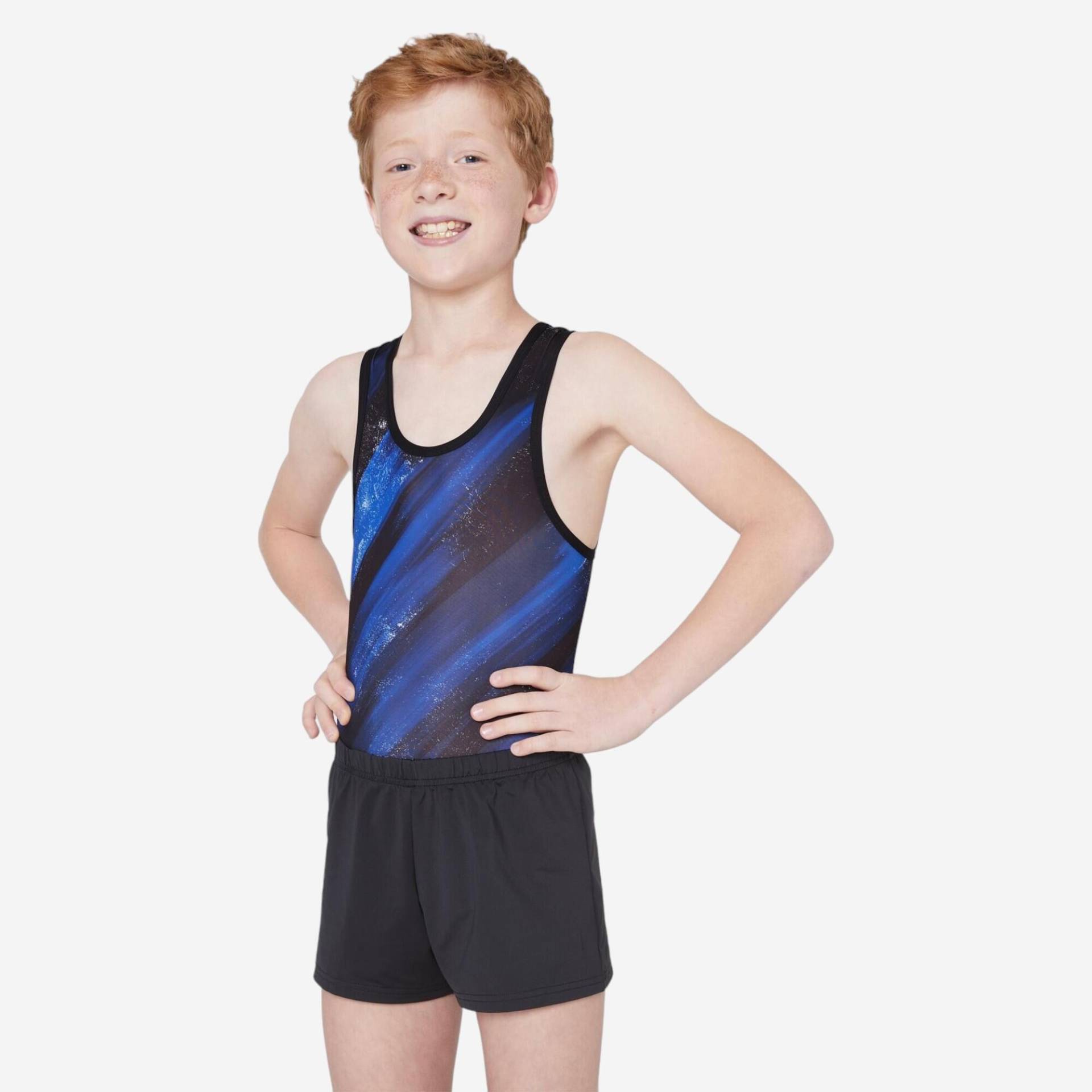 Gymnastikanzug Turnanzug Jungen - schwarz/blau bedruckt Gymnastikanzug Turnanzug Jungen - schwarz/blau bedruckt von Domyos