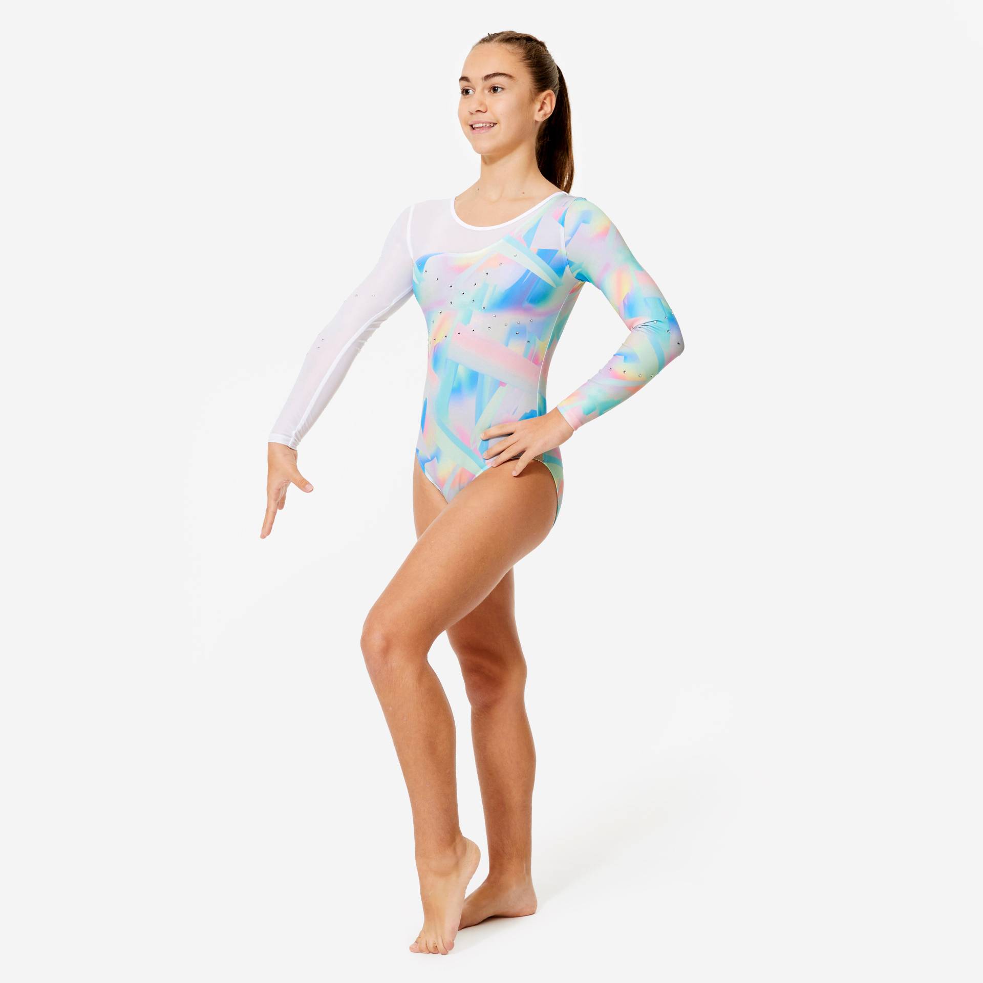 Gymnastikanzug Turnanzug Mädchen langarm - weiss mit Strass Gymnastikanzug Turnanzug Mädchen langarm - weiss mit Strass von Domyos