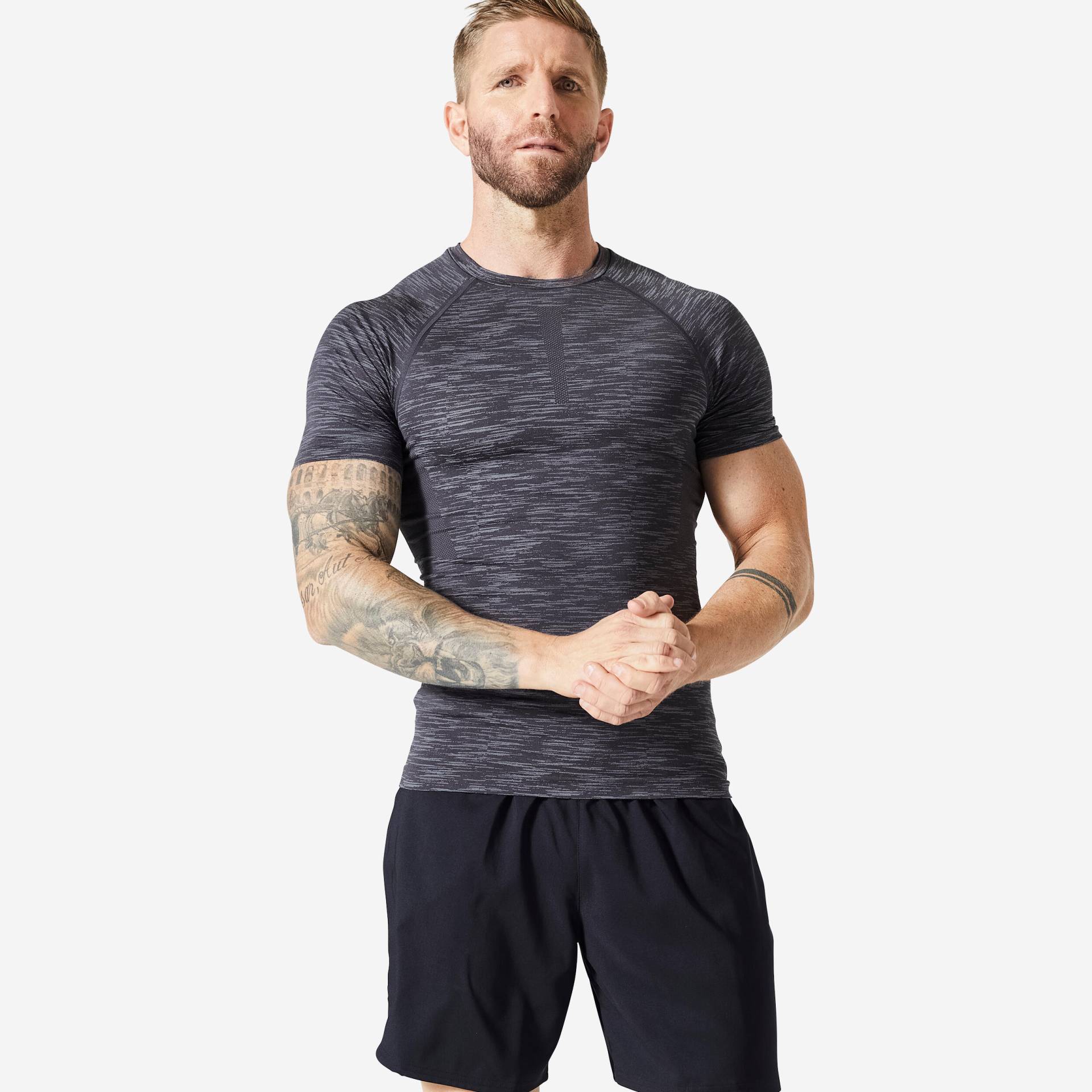 Kompressionsshirt Fitness Cardio - grau/schwarz meliert von Domyos