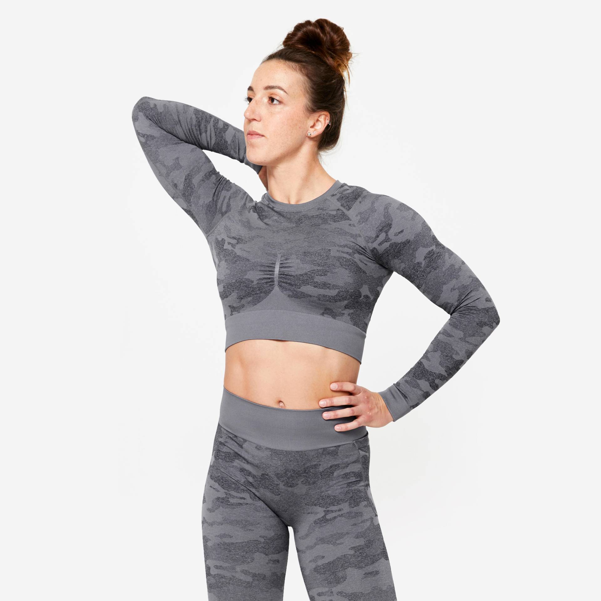 Langarmshirt Crop Top Damen - grau von Domyos