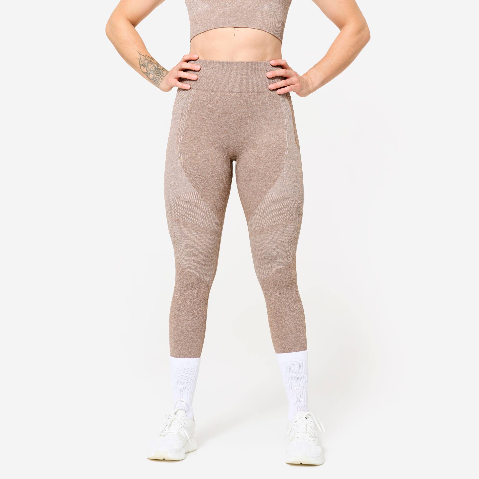 Leggings Damen nahtlos Smartphonetasche hoher Bund - braun von Domyos