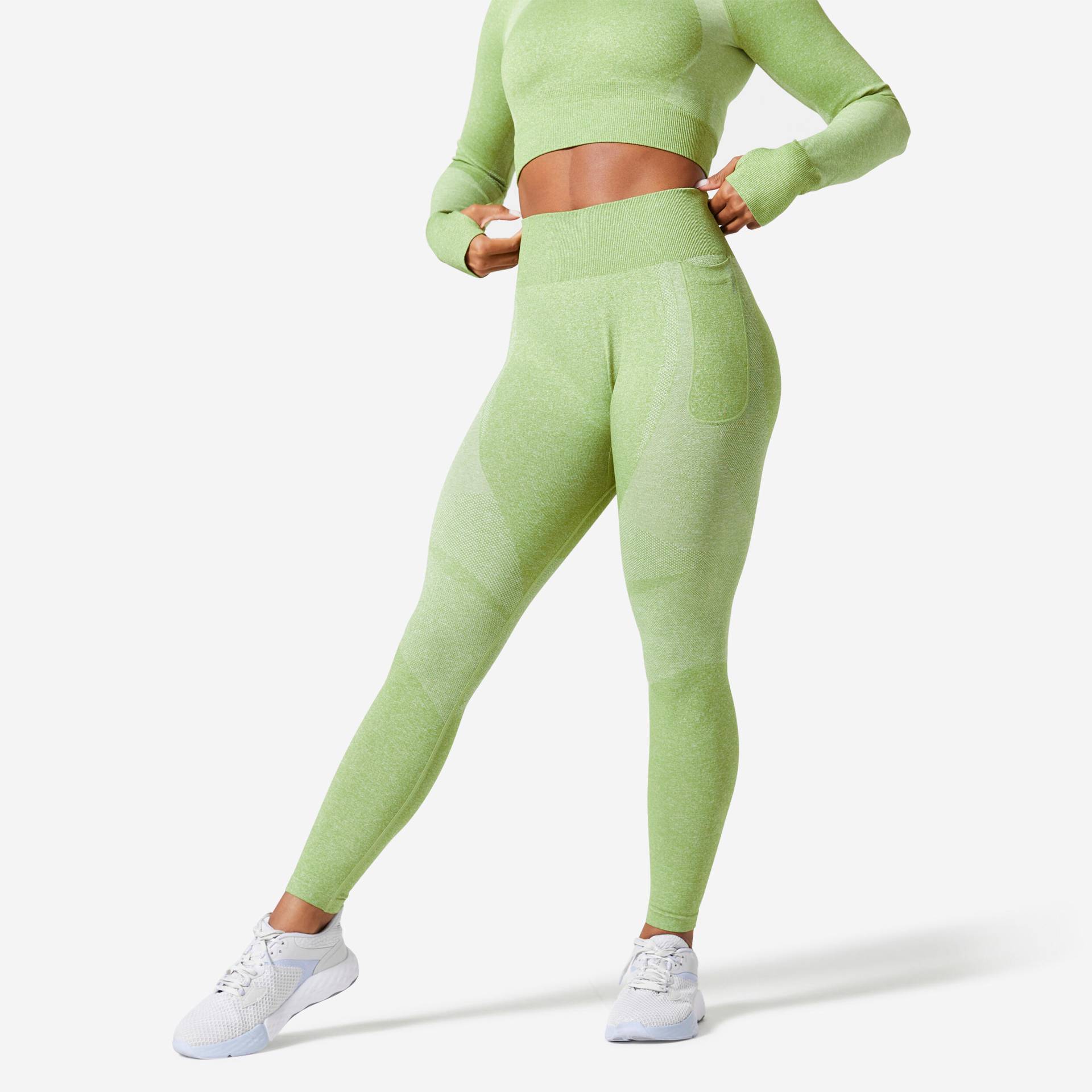 Leggings mit hoher Taille und Smartphonetasche Fitness seamless Damen - grün von Domyos