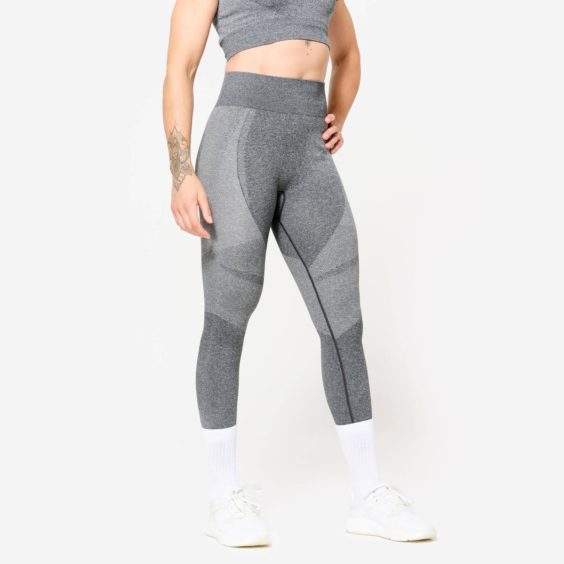 Leggings mit hoher Taille und Smartphonetasche Fitness seamless Damen - grau von Domyos