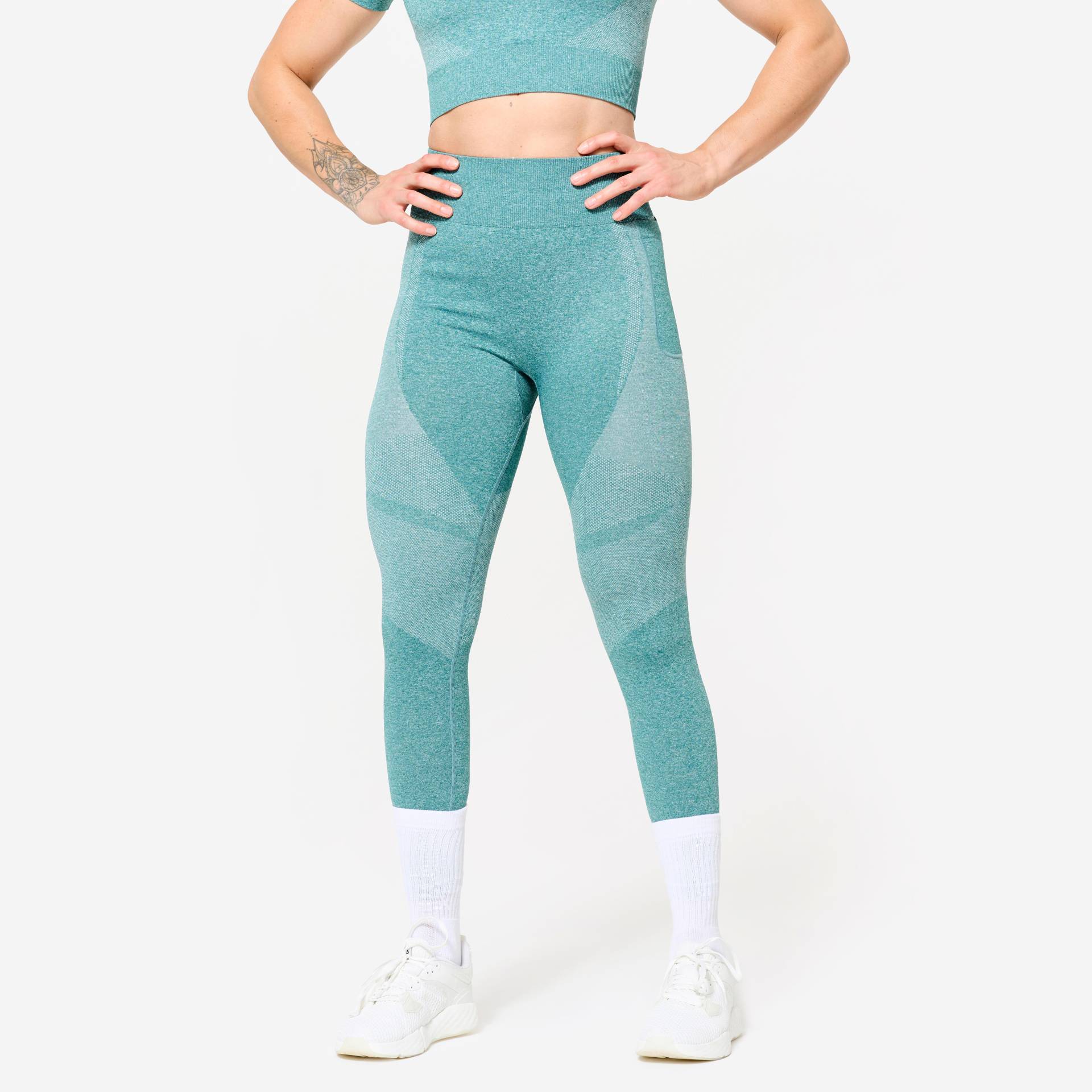 Leggings mit hoher Taille und Smartphonetasche Fitness seamless Damen - türkis Leggings mit hoher Taille und Smartphonetasche Fitness seamless Damen - türkis von Domyos