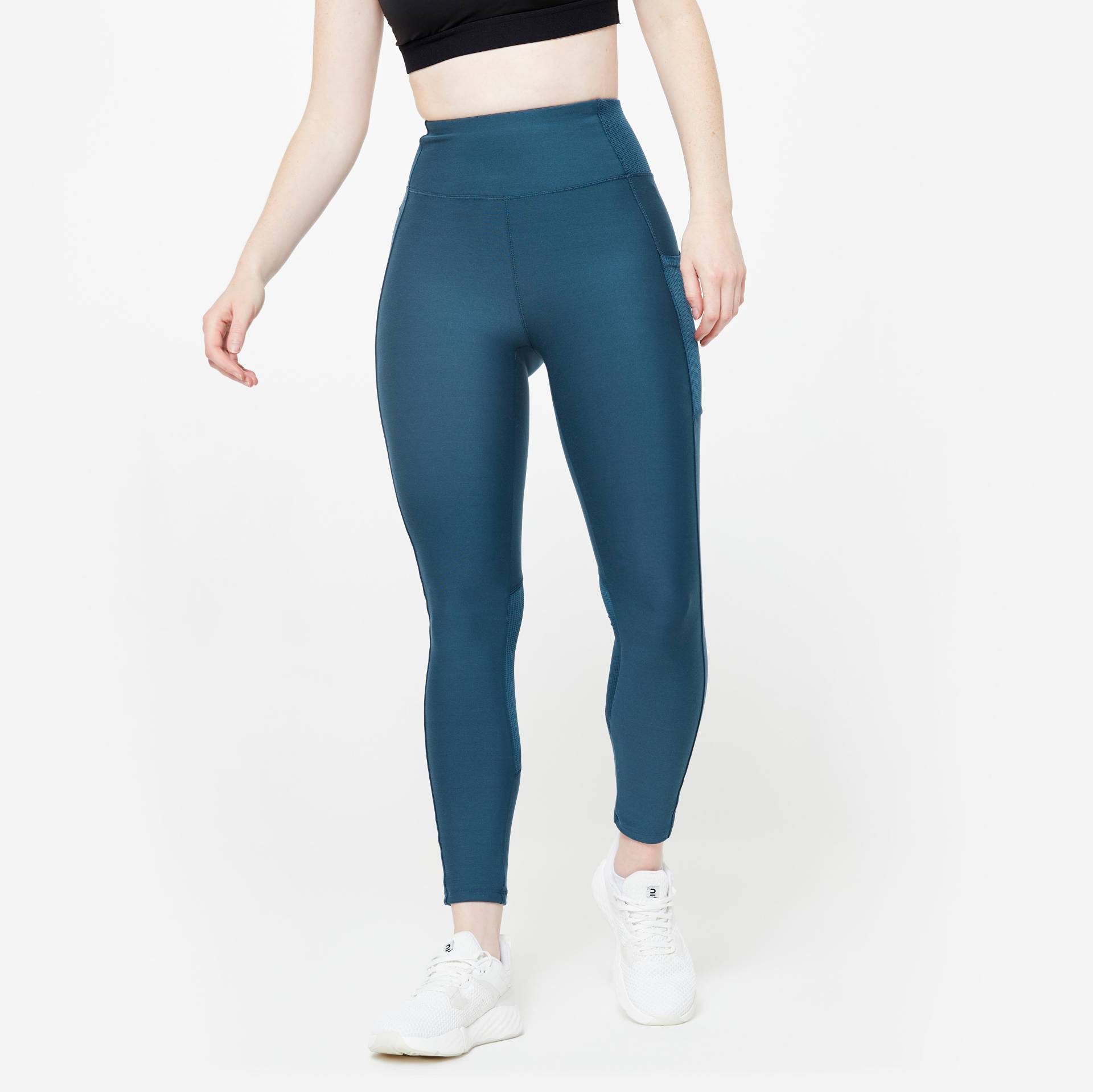 Sportleggings Damen Handytasche hoher Bund - blau von Domyos