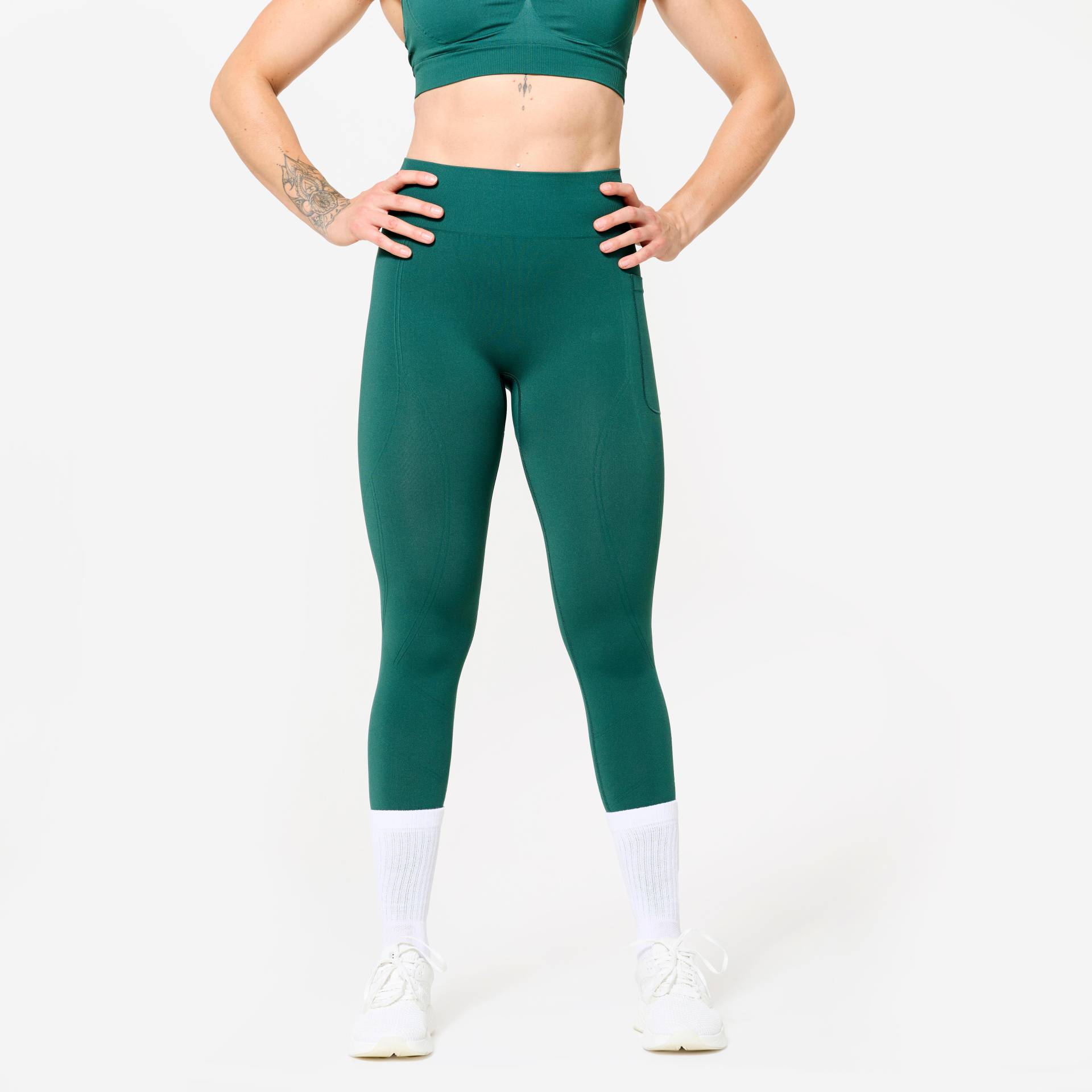 Sportleggings Damen Push-up hoher Taillenbund - dunkelgrün Sportleggings Damen Push-up hoher Taillenbund - dunkelgrün von Domyos