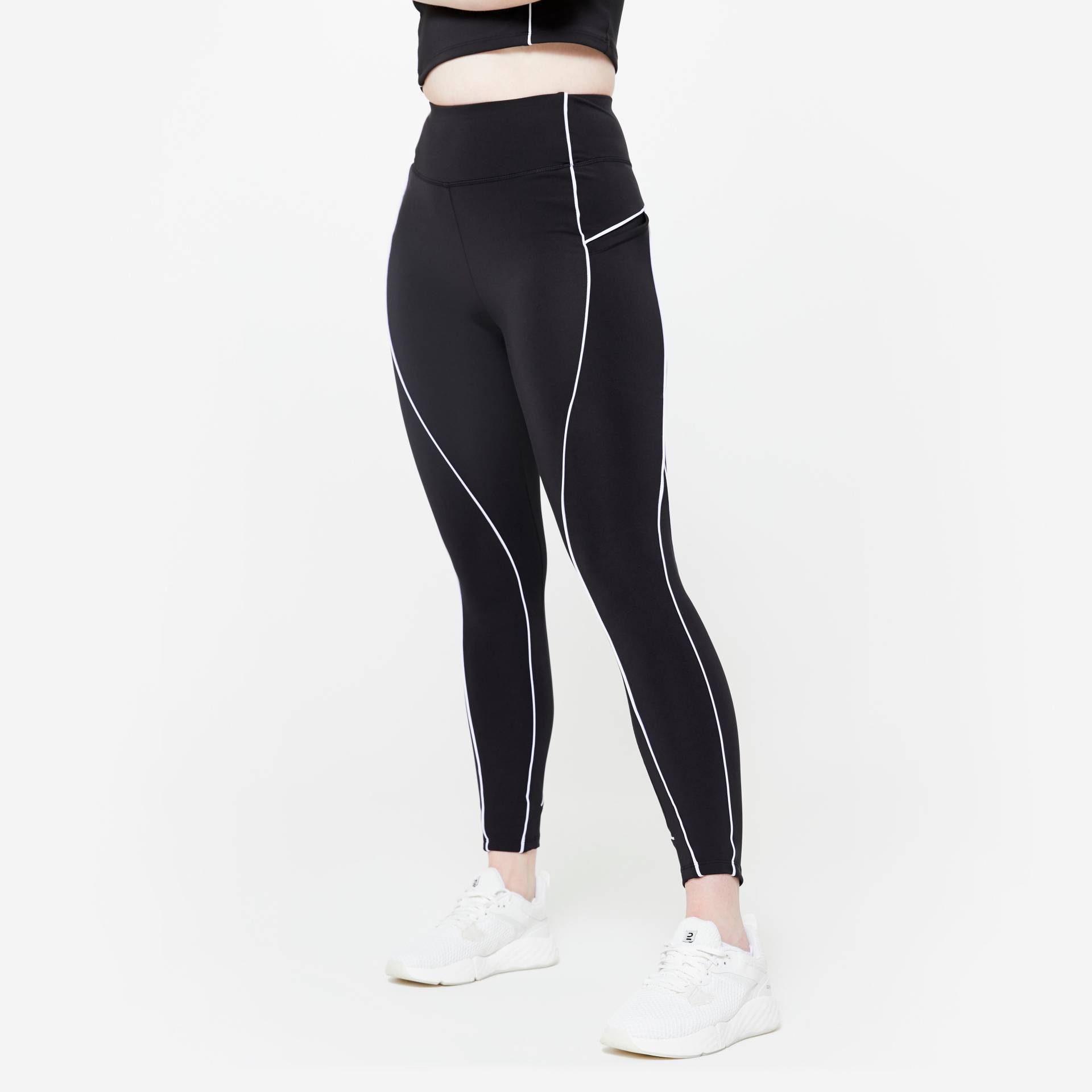 Sportleggings Damen hoher Bund Paspeln - schwarz/weiss von Domyos