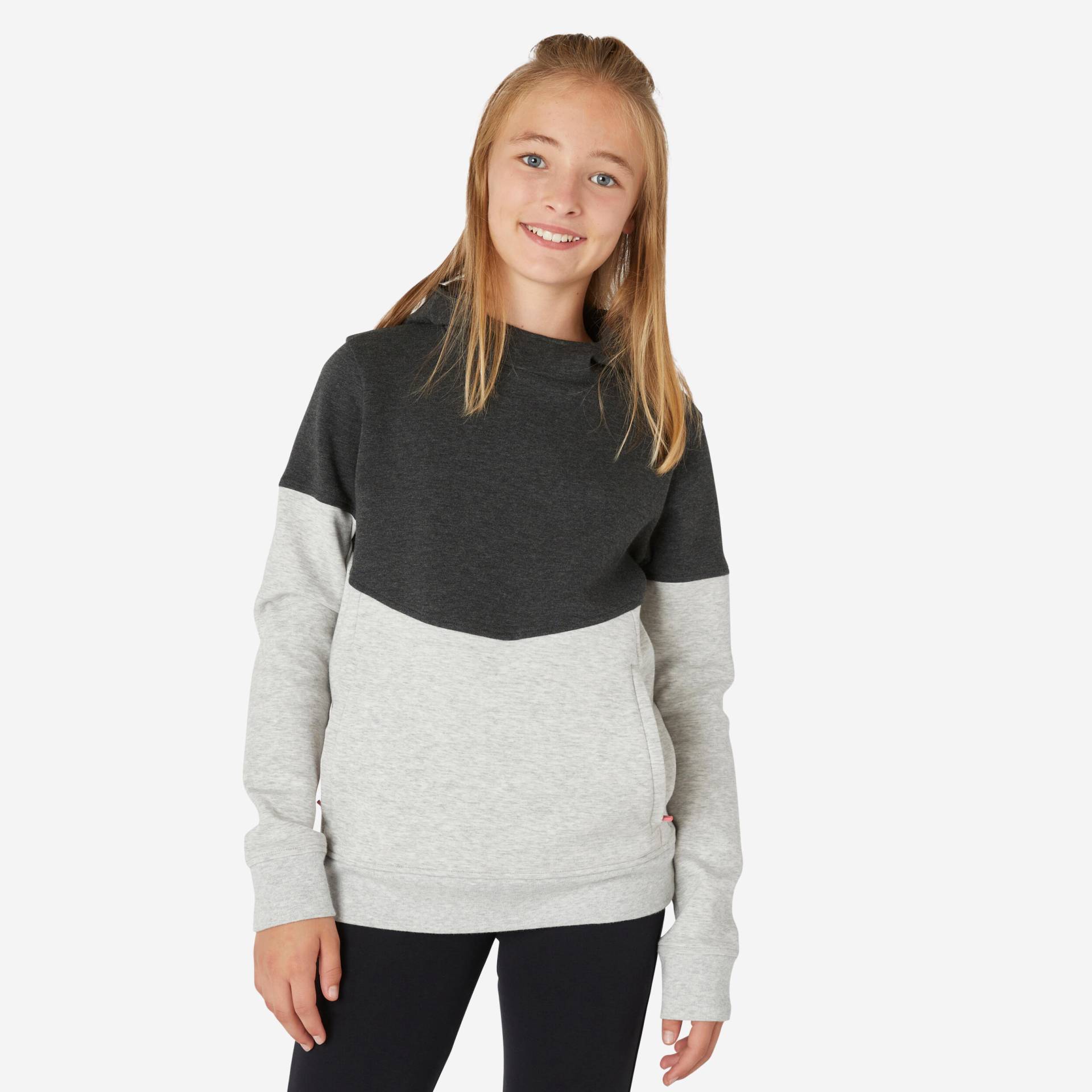 Sweatshirt Kapuze 500 Baumwolle atmungsaktiv Baumwolle hellgraumeliert/schwarz von Domyos