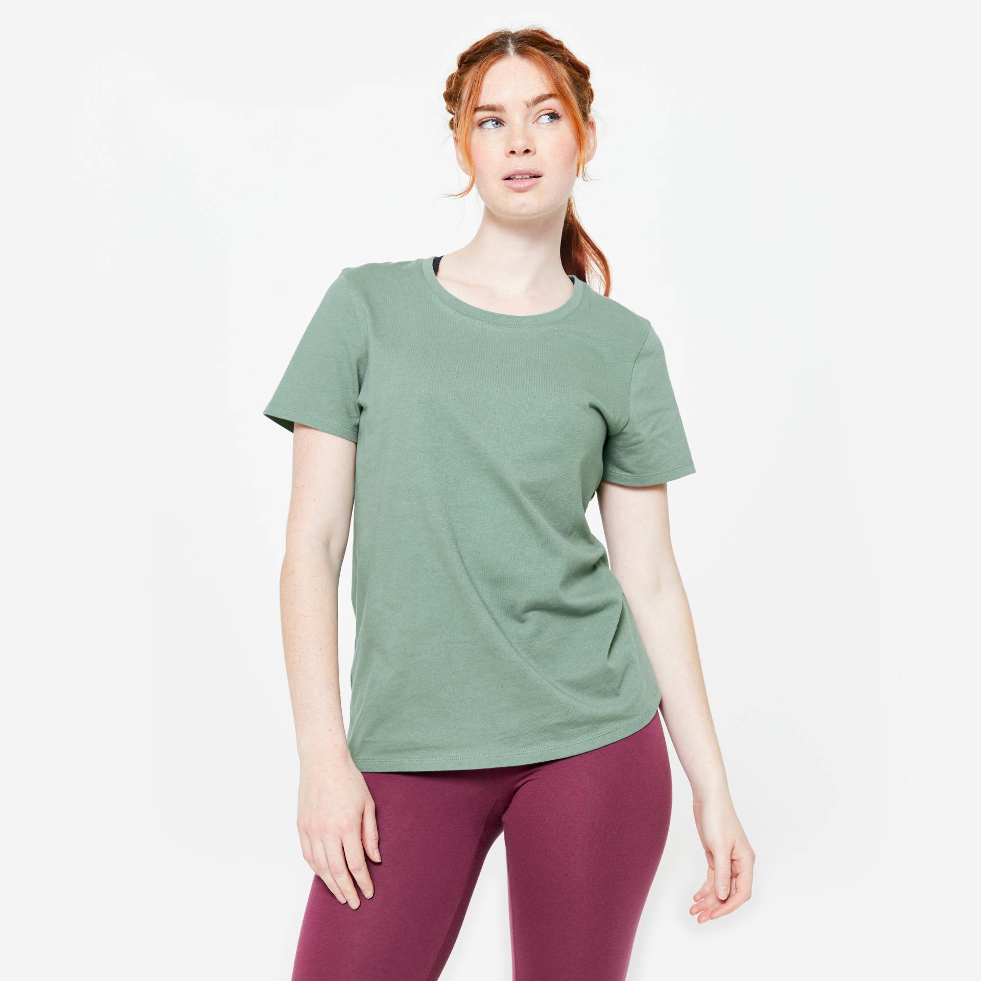 T-Shirt Damen Baumwolle Rundhals - grün von Domyos