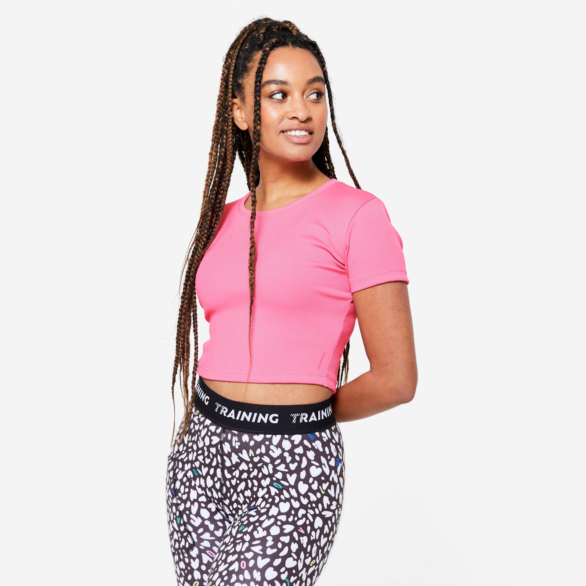 T-Shirt Damen Crop Top gerippt - rosa von Domyos