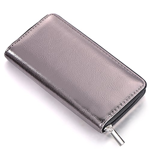 Damen Geldbörse weich im Metallic-Look mit Reißverschluss Portemonnaie in Grau 20 x 10 x 2,5 cm von DonDon