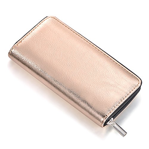 DonDon Damen Geldbörse weich im Metallic-Look mit Reißverschluss Portemonnaie in Rosegold 20 x 10 x 2,5 cm von DonDon