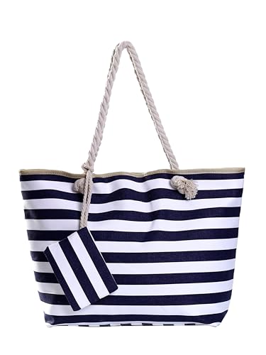 DonDon Badetasche XXL Familie Strandtasche Damen mit Reißverschluss Beach bag groß - gestreift dunkelblau weiß DonDon Badetasche XXL Familie Strandtasche Damen mit Reißverschluss Beach bag groß - gestreift dunkelblau weiß von DonDon