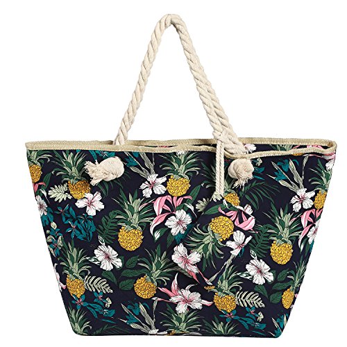 DonDon Badetasche XXL Familie Strandtasche Damen mit Reißverschluss Beach Bag groß - Blumen und Ananas von DonDon