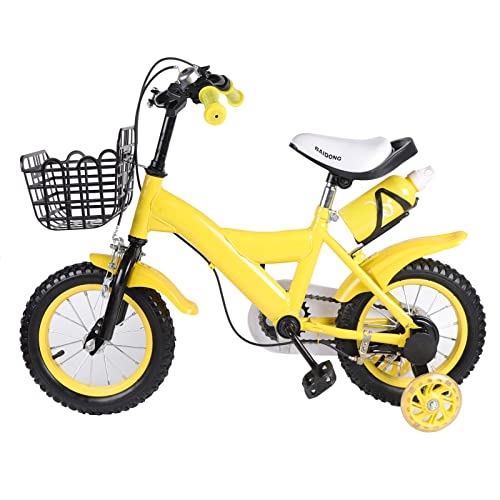 Donened Kinderfahrrad 12 Zoll für Mädchen und Jungen ab 3 Jahre, Kinderfahrräder mit Korb und Stützrädern Fahrräder mit V-Brake Bremsen (Gelb) von Donened