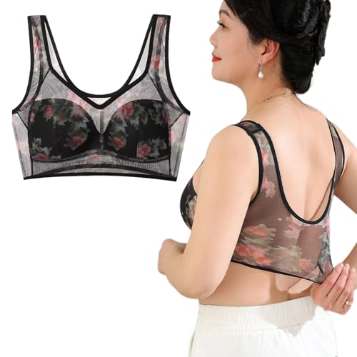 Kühlender Komfort-BH aus Eisseide und Spitze, Kühlender Ice Silk Lace BH für Senioren, Drahtloser Push-Up mit Spitze, perfekt für heiße Tage und zur Haltungskorrektur (5XL,Schwarz) von Donubiiu