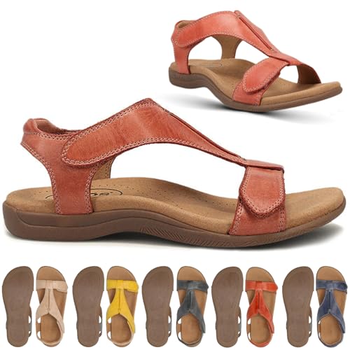 Rinah Orthopädische Ledersandalen, Orthosun Sandalen Damen, Ortopädische Sandalen Damen, Bequeme Retro-Sandalen mit Klettverschluss, Hochwertige Materialien und Langlebiger Gummisohle (Rot,39 EU) von Donubiiu