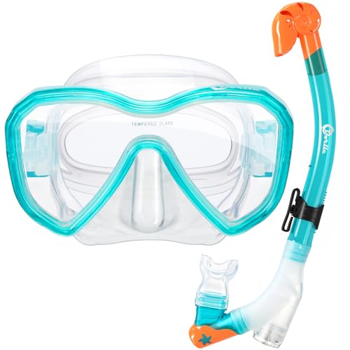 Dorlle Kinder Schnorchelset Tauchset Schnorchelmaske mit 3-Kanal Premium Dry Schnorchel und Anti-Leck Anti-Fog Taucherbrille Professionelle Schnorchel Set für Kinder,Grün von Dorlle