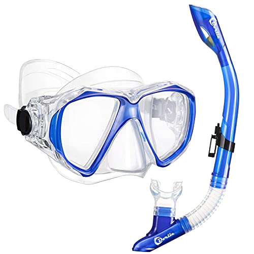 Dorlle Schnorchel Dry Schnorchelset Schnorchelmaske, Premium Erwachsene Schnorchel Tauchset mit Taucherbrille und Anti-Leck Anti-Fog Tauchmaske (klar/blau) von Dorlle