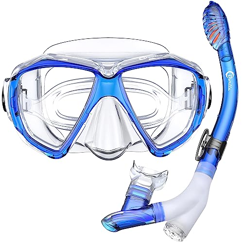 Dorlle Schnorchelset Schnorcheln Set mit Schnorchel und Taucherbrille，wasserdichte Tauchmaske Anti-Fog Anti-Leck aus Gehärtetem Glas，mit 3-Kanal Premium Dry Schnorchel für Erwachsene,Klar/blau von Dorlle