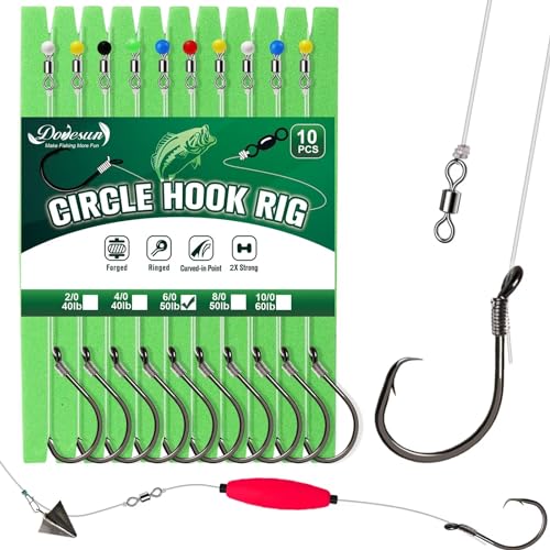 Dovesun 10 Stück Circle Hooks Rigs Vorgeriggtes Wels-Rig Angelhaken für Salzwasser Süßwasser Kreis-Haken Wels-Haken 6/0 von Dovesun