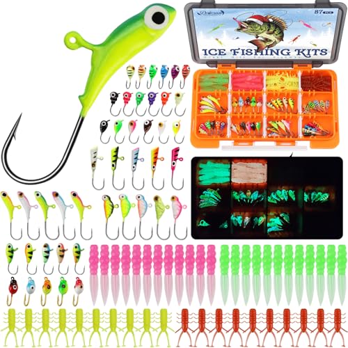 Dovesun Eisfischen-Jigs-Set, 87-teilig, Eisangelköder, leuchten im Dunkeln, Eis-Jigs mit verstellbarer Eis-Angelausrüstung für Panfish, Crappie, Zander, Jigs Set von Dovesun